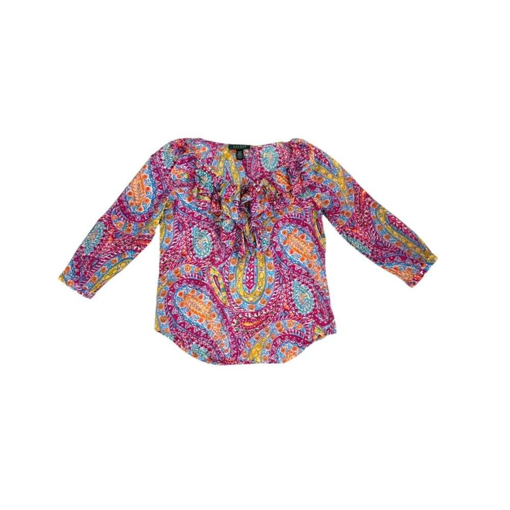Lauren Ralph Pink Floral Paisley Bold Colorful Ruffle 3/4 Sleeve Blouse Small
